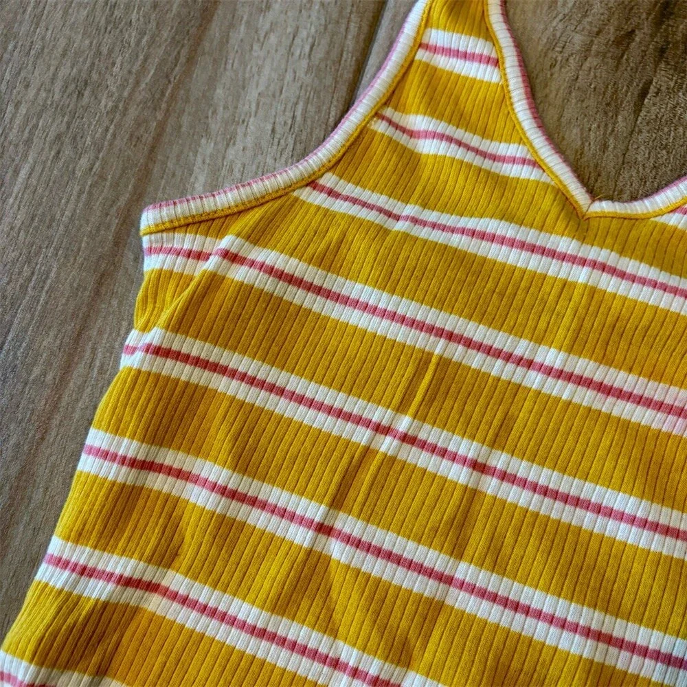 Art Class Girls Tank Top Size M 7/8 Yellow White Pink Striped Halter